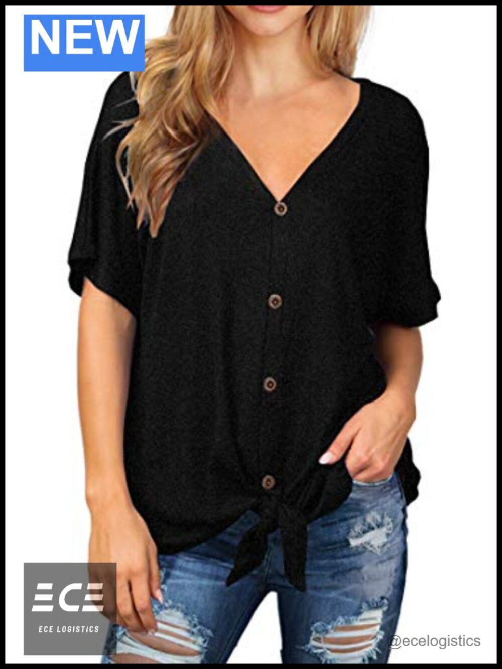 Waffle Knit Tunic Blouse Tie Knot Short Sleeve Henley V Neck Top